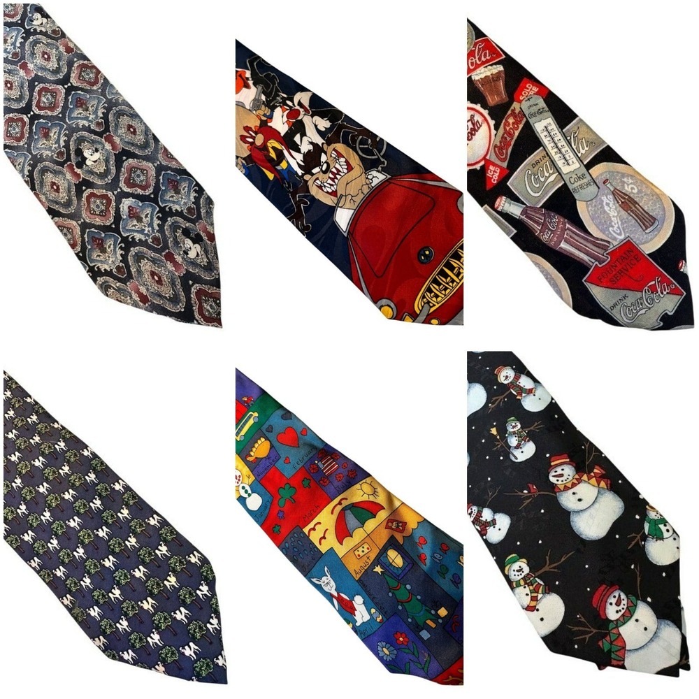 Vintage Novelty Tie Lot of 6 Disney Mickey Looney Tunes Coca Cola Christmas